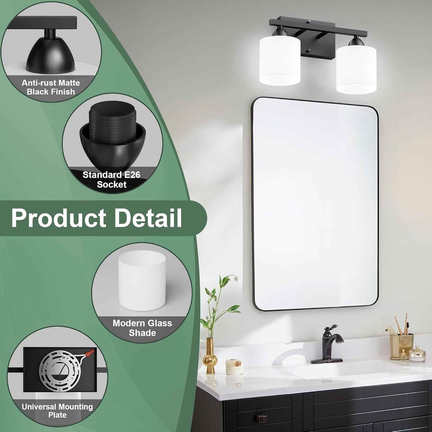 Modern 4-Light Bathroom Vanity Light Fixture - Anti-Rust Over Mirror Sconce with Milky White Glass Shades, E26 Base