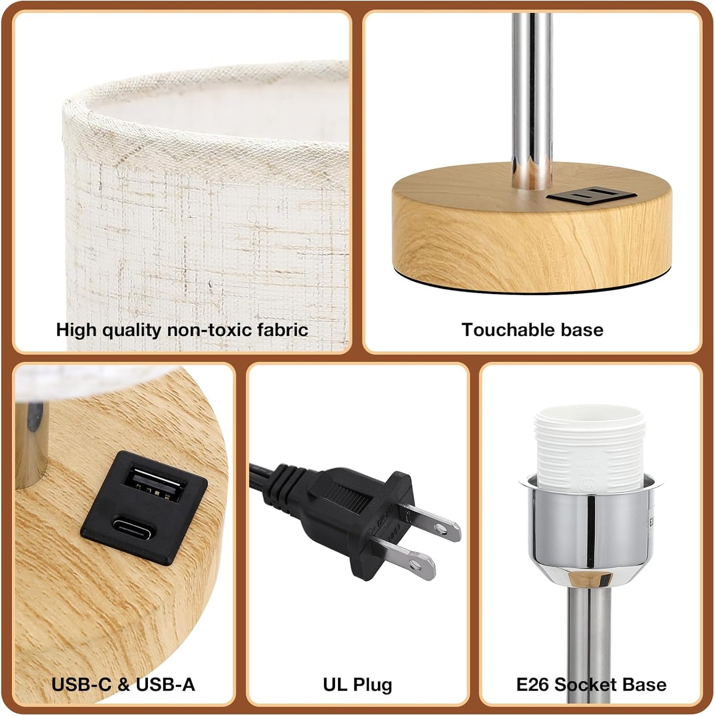 Touch Bedside Lamps Set of 2 - Dimmable Table Lamps with Wooden Charging Station for Bedroom & Kids Room
