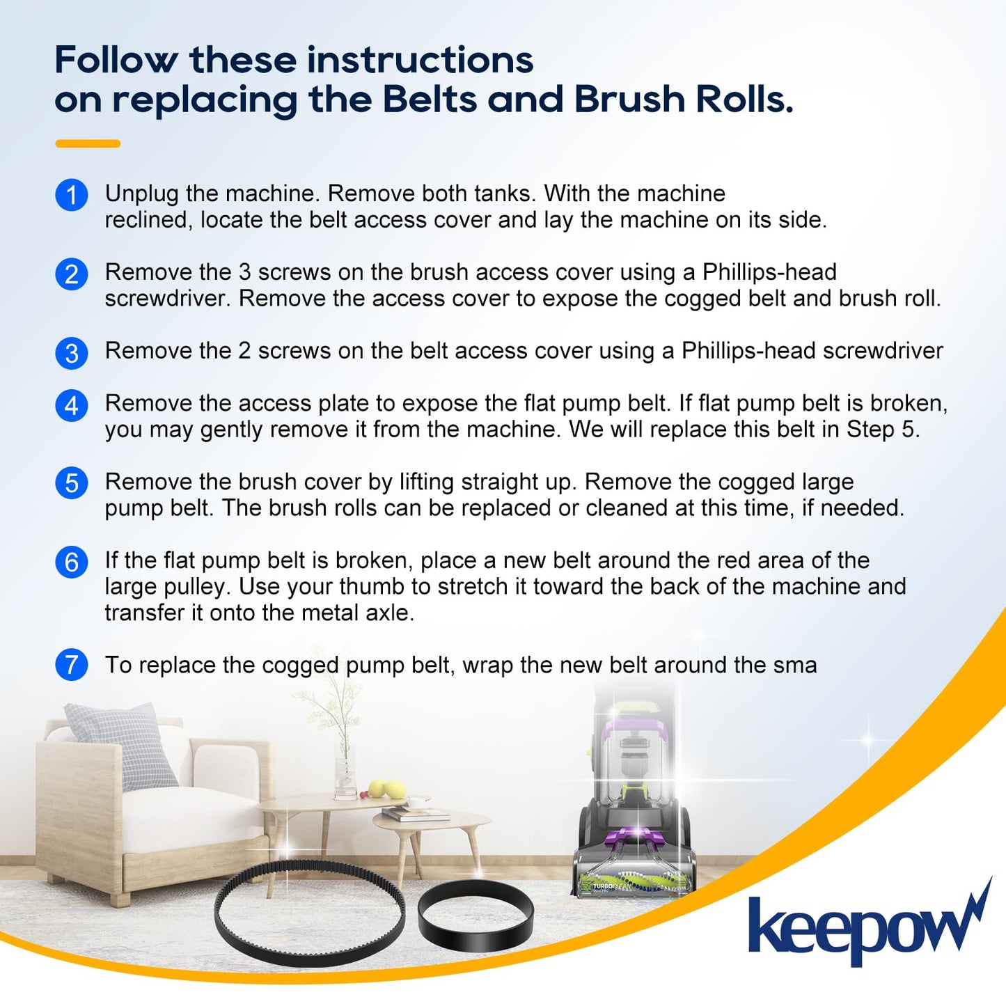 KEEPOW Replacement Belts Set for Bissell 3071 PowerForce PowerBrush Pet XL and TurboClean DualPro Pet 3072, 3067, 30673, 3109 Carpet Cleaner, Parts 1626502 & 1626486 (2+2 Pack)