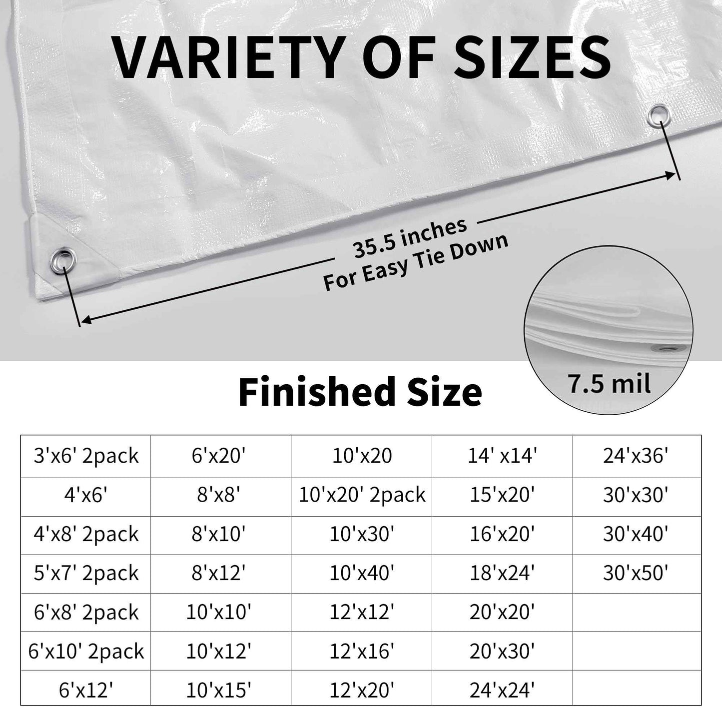 TARPAL 30'x30' White Tarp Waterproof 7.5 mil Medium Duty All Purpose Poly Tarps Cover Waterproof,Snow Proof UV Protection,Rip and Tear Proof,Poly Tarpaulin