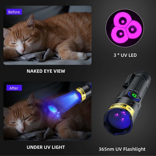WMCODMW UV Flashlight Black Light 365nm, Mini Powerful 3xLED Ultraviolet Blacklight Rechargeable Woods Lamp, Handheld Pet Urine Detector for Dog/Cat Urine, Stains, Resin Curing, Rocks Finder