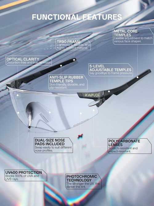 KAPVOE K410 Cycling Glasses, Photochromic Sports Sunglasses for Men and Women, UV400 TR90 Frame, Adjustable Temples, Includes Bike Bag, Mountain Bike Glasses for Outdoor Riding