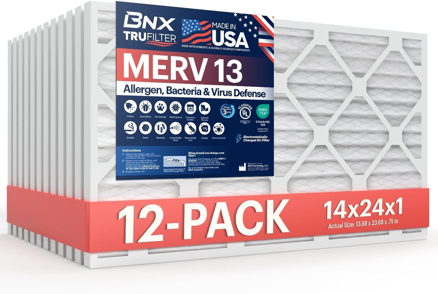 BNX TruFilter 12x12x1 MERV 8 Air Filters (6-Pack) - USA-Made Dust & Pet Defense for HVAC