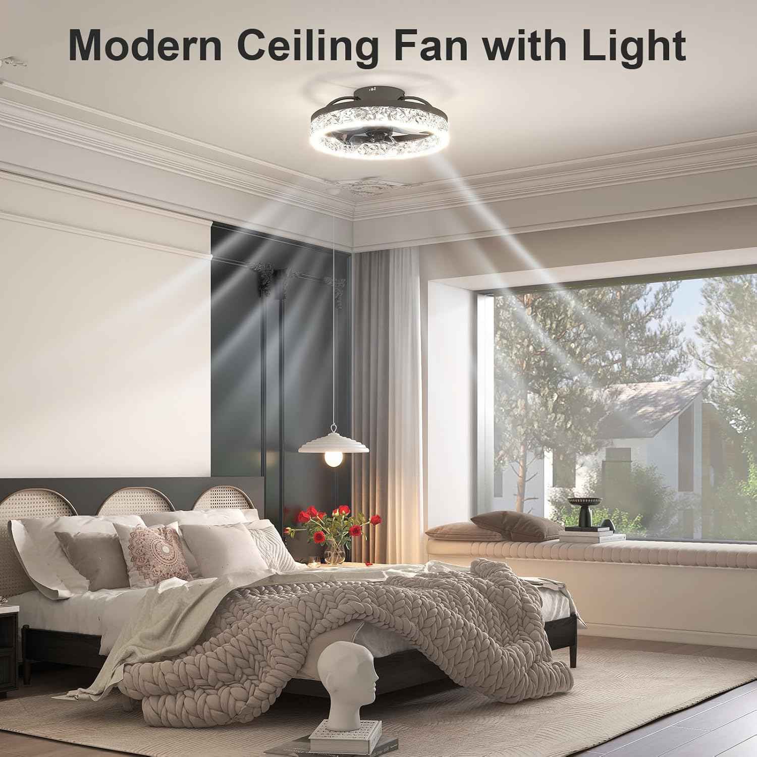 Modern Bladeless Ceiling Fan with Light & Remote - 15.7in Low Profile Fandelier, Dimmable 3000K-6500K for Bedroom