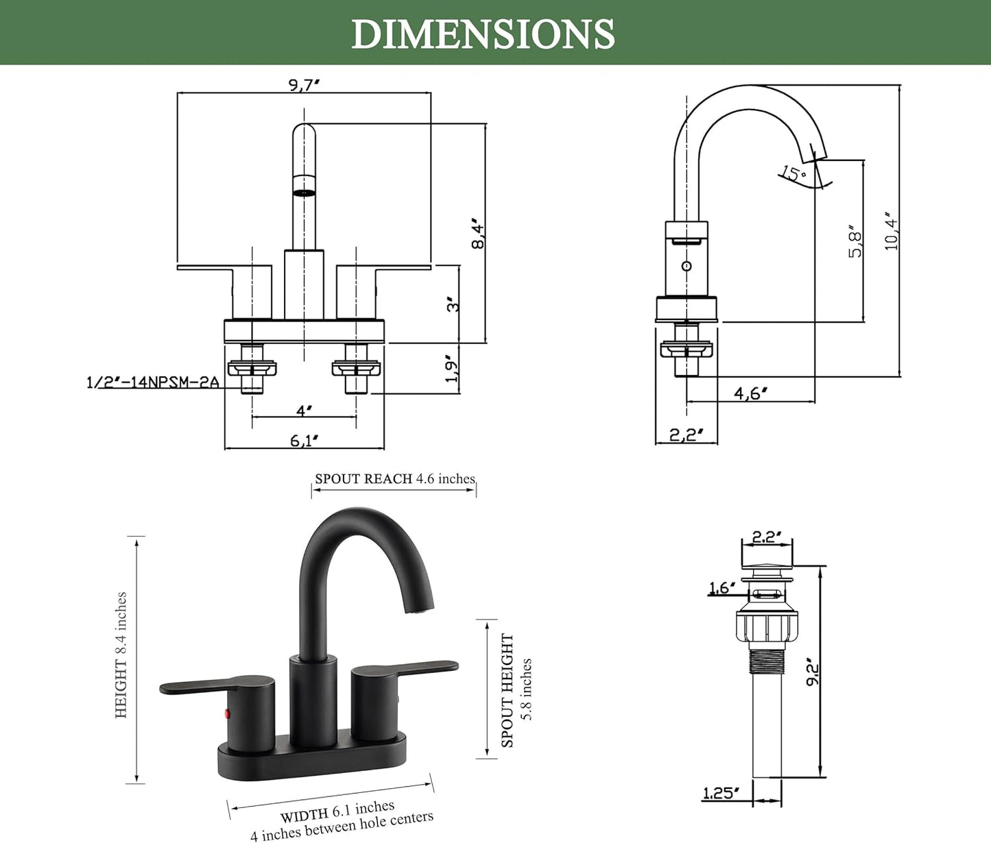 Brushed Gold Bathroom Sink Faucet - Modern 4-Inch Centerset with 360° Swivel Spout & Drain Assembly
