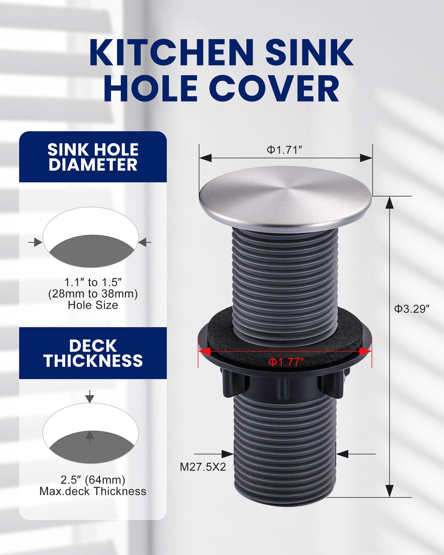 iVIGA Kitchen Sink Hole Cover,Faucet Hole Cover Stainless Steel,Wash Basin Sink Plug Tap Hole Plate Stopper Cover,Brushed Nickel