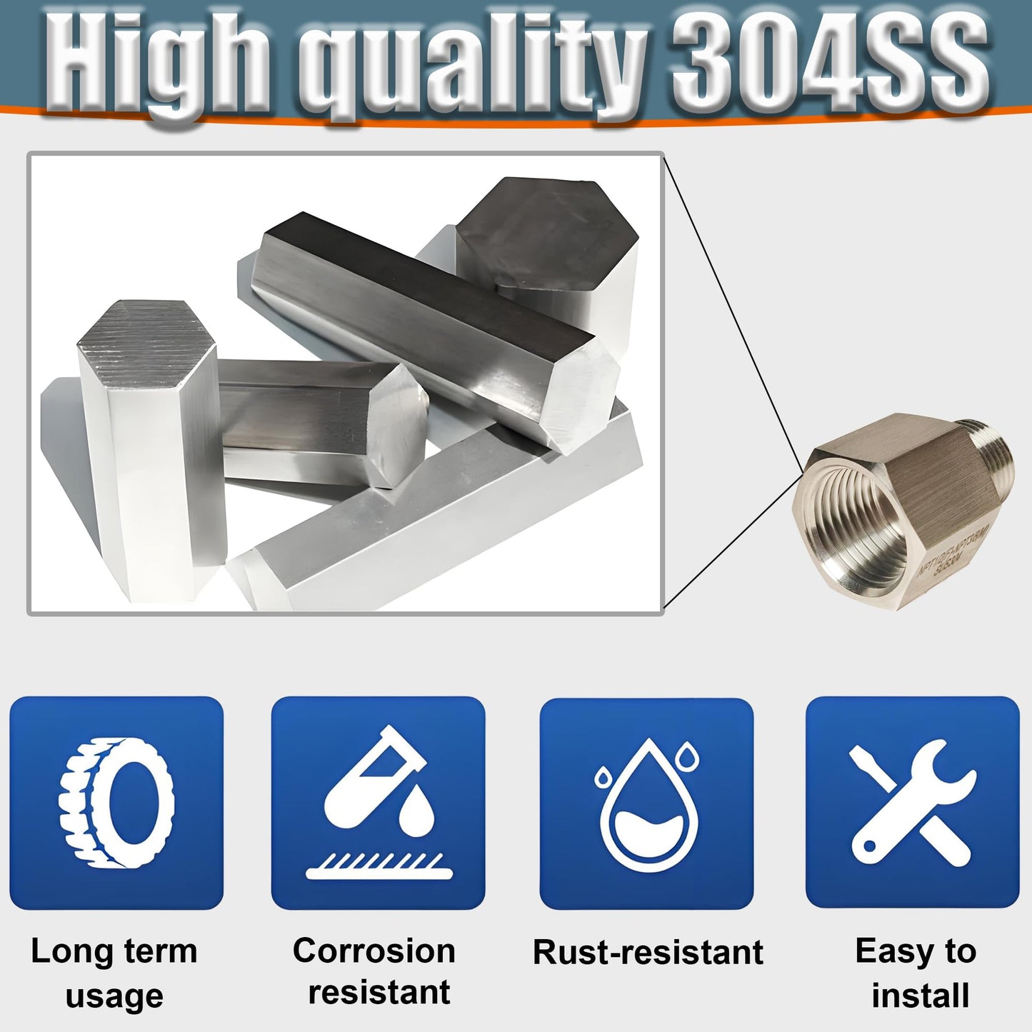 3/8" Female to 1/4" Male NPT Reducer Adapter, 304 Stainless Steel Reducing Pipe Fittings Adapter, 1/4" MNPT X 3/8" FNPT Reducer Pipe Extension Connector