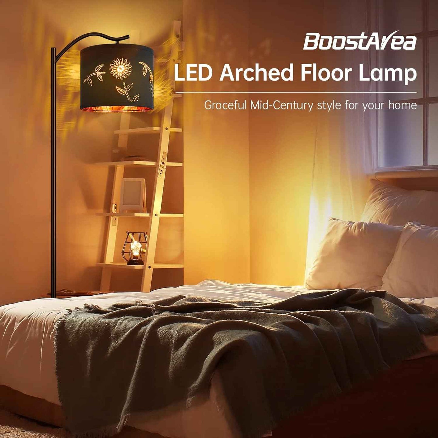 Modern LED Floor Lamp with Bohemian Linen Shade – Arched Tall Standing Light for Living Room & Bedroom