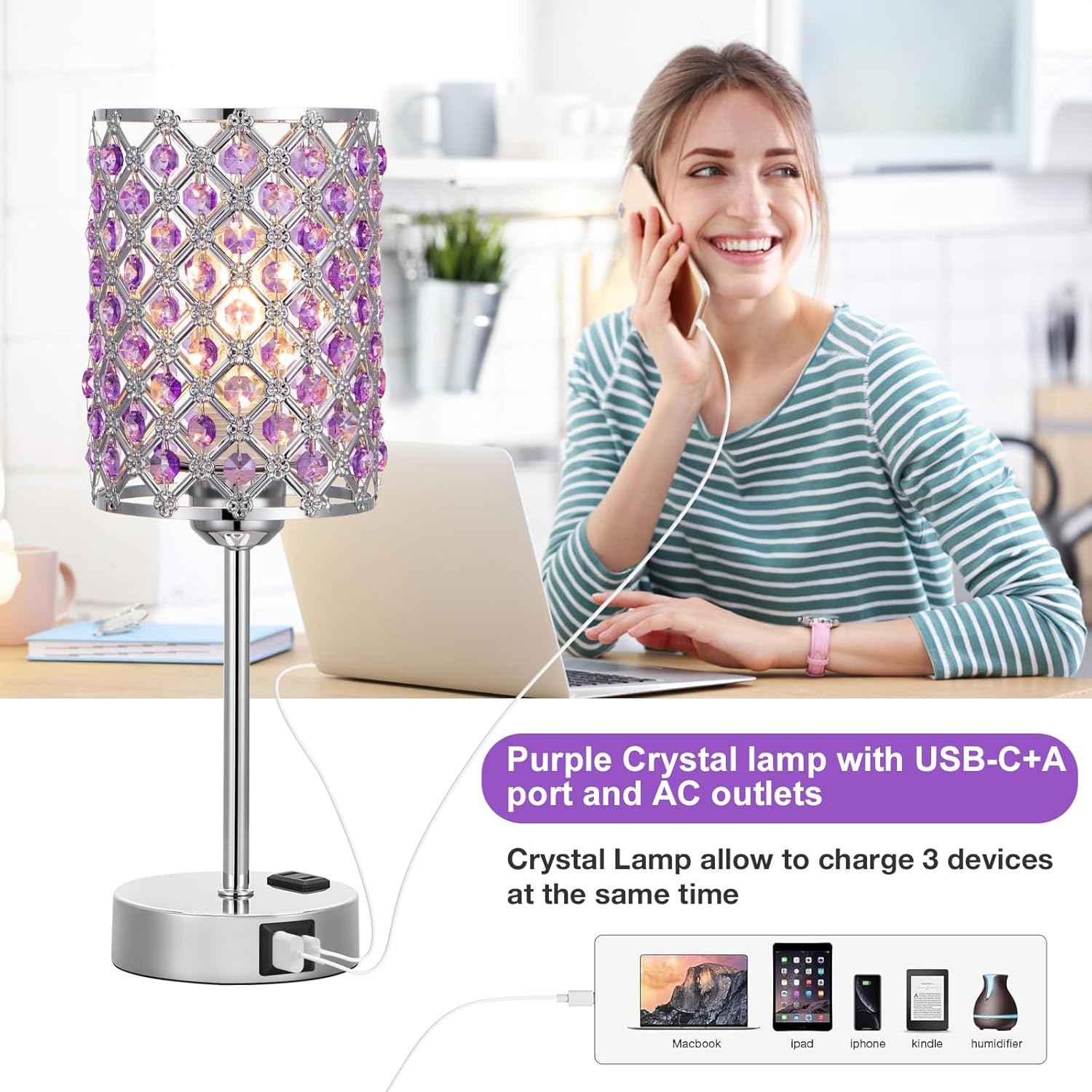 Dimmable Touch Control Crystal Table Lamp Set of 2 with USB-C & AC Ports - Elegant Nightstand Lighting for Bedroom & Living Room