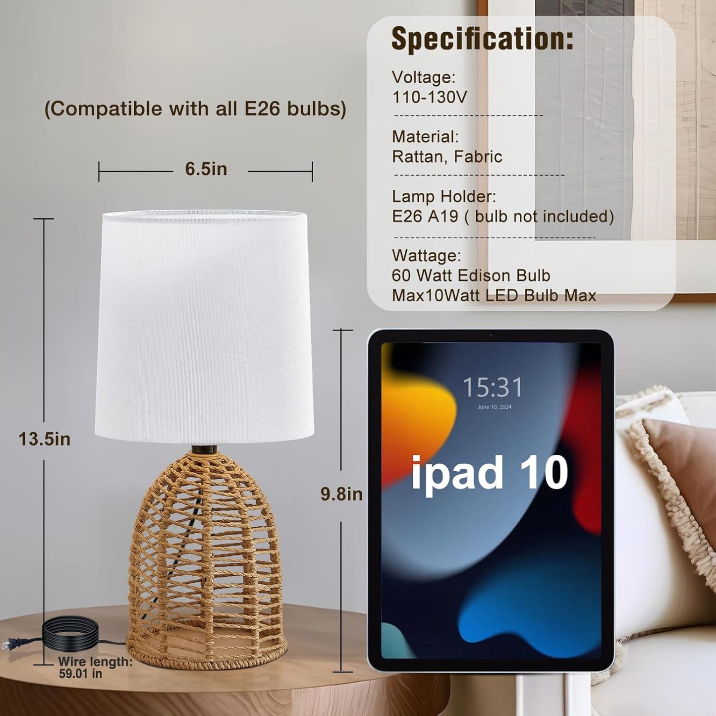 Boho Table Lamps Set of 2 - 13.5" Rustic Ceramic Bedside Lamps for Bedroom & Living Room