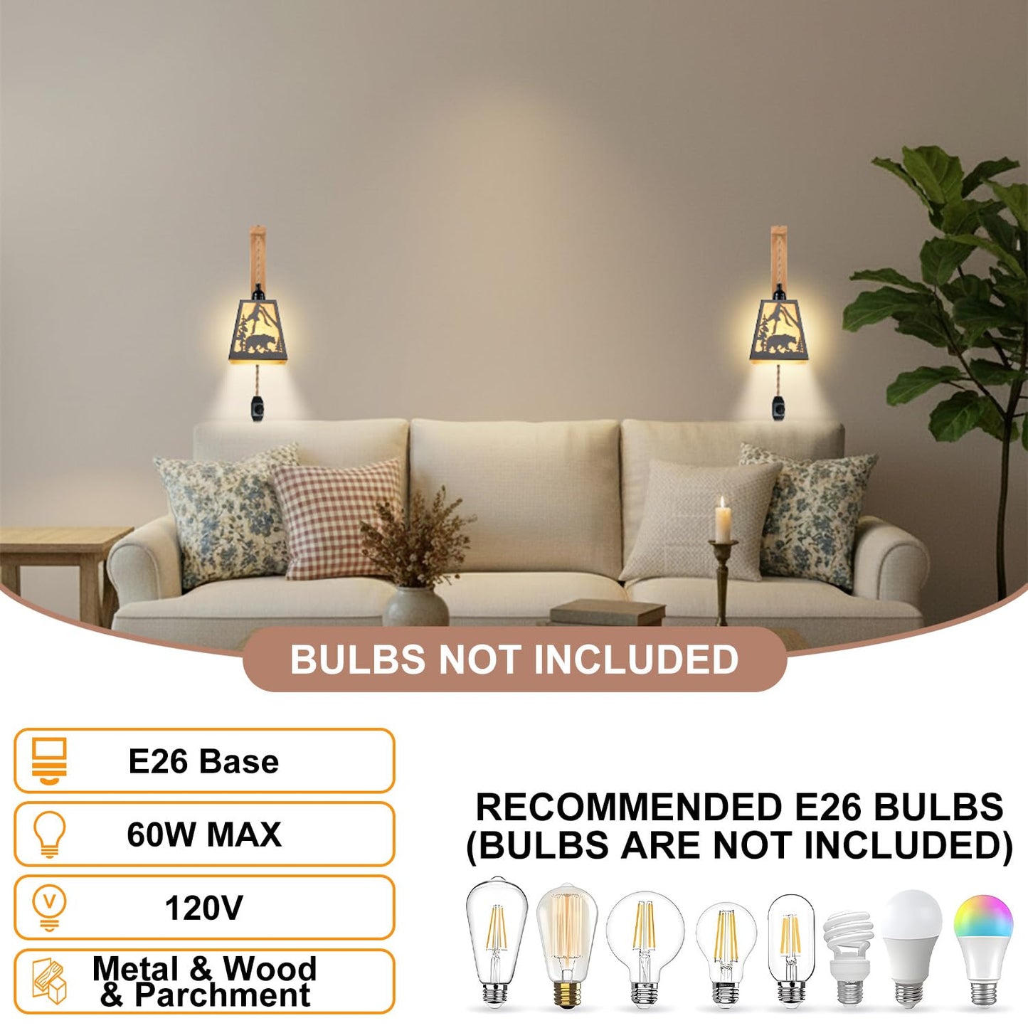 Sunnyin Wall Sconces Set of Two Plug in,Rustic Bear Dimmable Wall Sconce with Wood Shelf Bracket,Farmhouse Parchment Shade Sconces Wall Lighting,Antique Black Wall Lamps for Bedroom,Living Room,Indoor