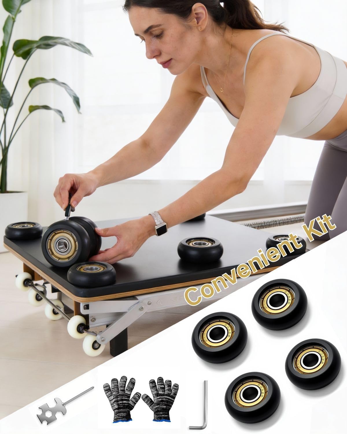 4Pcs Roller Wheel Kit Compatible with Aero Pilates Reformer, 1.26" Smooth Quiet Glide Wheels with Bearings, Full Kit with L-Wrench Adjustable Wrench & Gloves