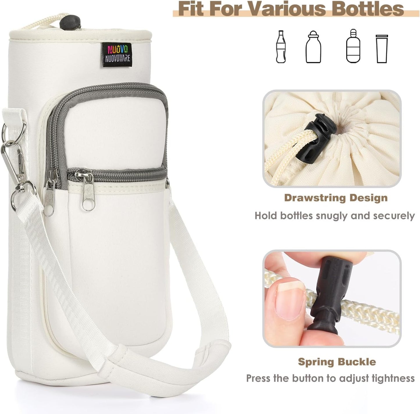 Nuovoware Water Bottle Carrier Bag - Adjustable Neoprene Sleeve with 2 Pockets for Hiking & Travel | Fits 25oz, 40oz, 64oz Bottles