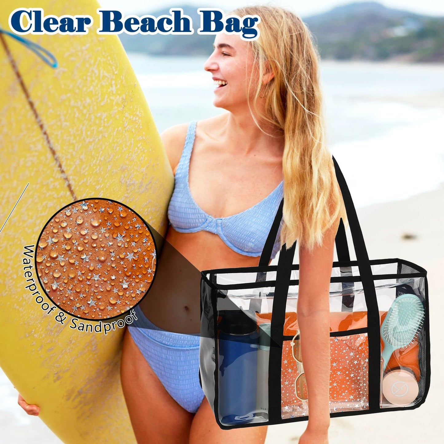 Fammart Clear Beach Bag for Women, Large Pool Tote Cruise Vacation Essentials - Zipper Closure, Waterproof, Sandproof
