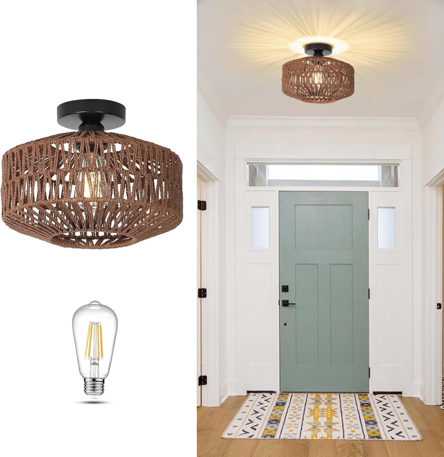Boho Rattan Chandelier Ceiling Light Fixture with Dimmable LED Bulb - Hand Woven Flush Mount for Hallway, Bedroom, Kitchen & Living Room