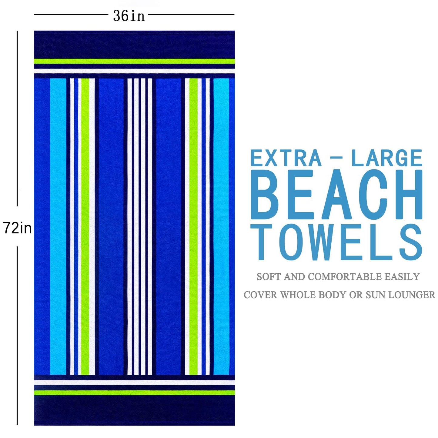 2 Packs Oversized Beach Towel Set 36 x 72 in XL Extra Large Big Soft Clearance Pool Swim Camping Travel Terry Towels Blanket for Adult Cruise Lounge Chair Cover Gift Women Men Blue Striped Dolphins