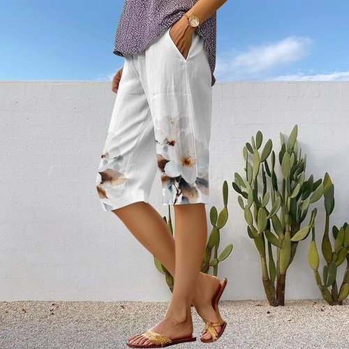 DMOYALA Women's Boho Floral Linen Bermuda Shorts - Comfortable Summer Style with Pockets