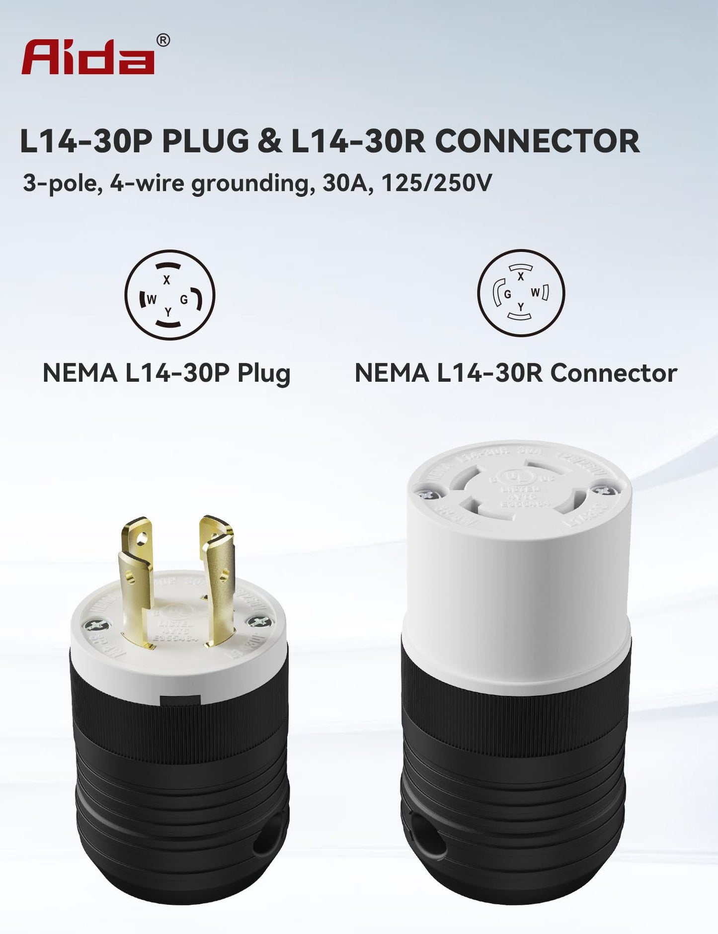 AIDA NEMA L14-30P & NEMA L14-30R Locking Plug and Connector, Twist Generator Male and Female Adapter, 30 Amp, 125/250 Volt, 3-Pole 4-Wire Grounding, Industrial-Strength Heavy Duty, UL Listed