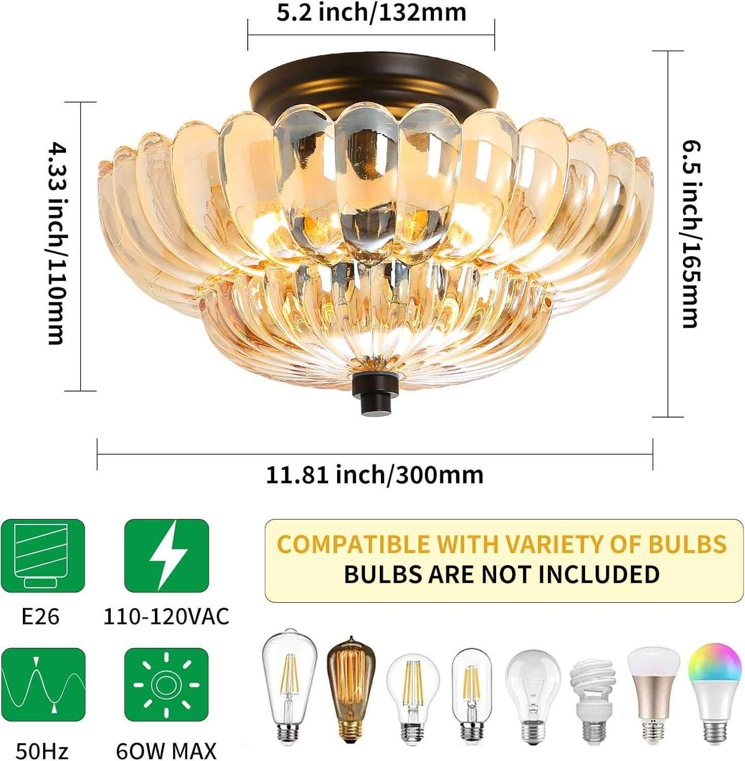 Modern Semi Flush Mount Ceiling Light Fixture with Brown Glass & Black Base - Ideal for Living Room, Kitchen, Bedroom, Hallway (Bulb Not Included)