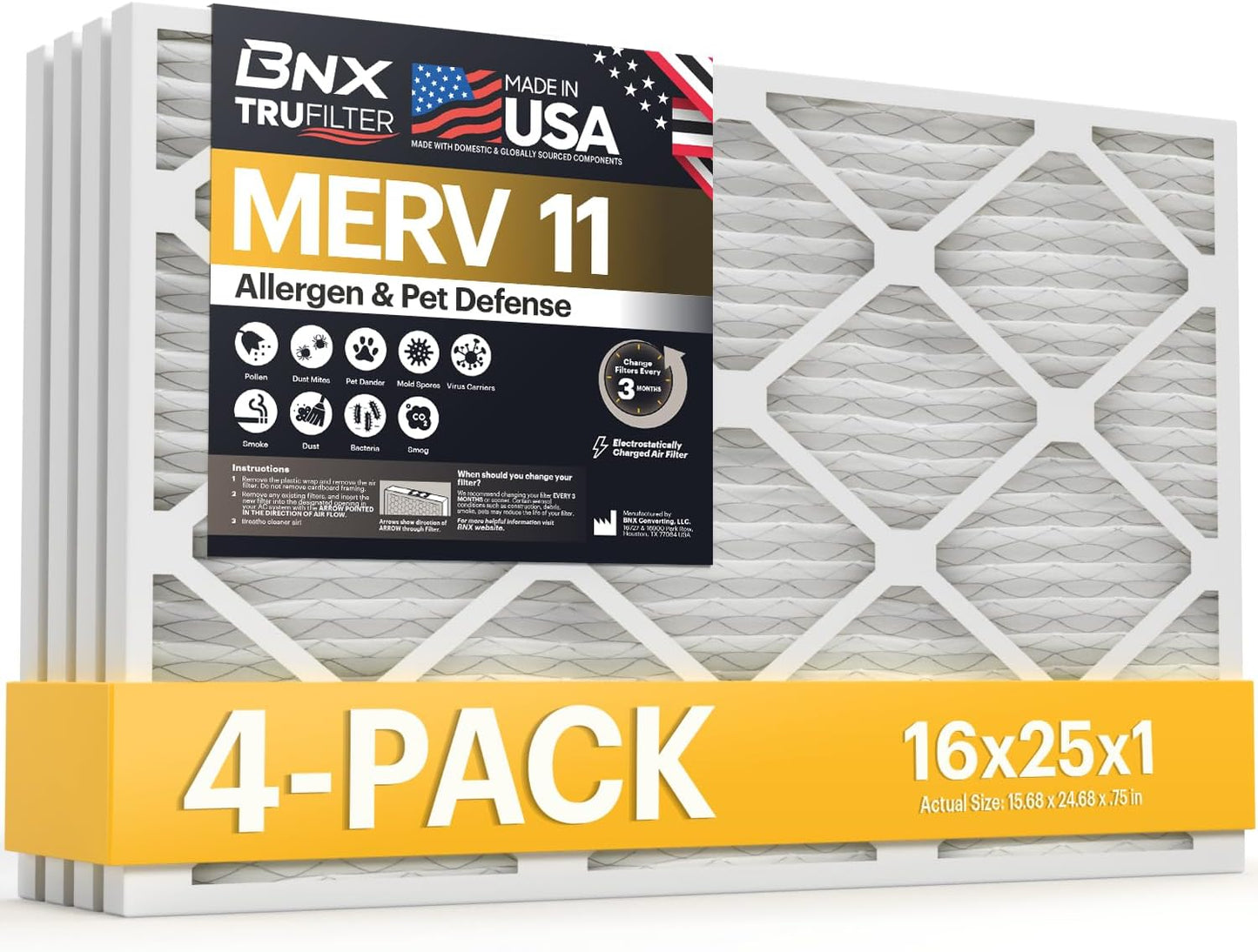 BNX TruFilter 12x12x1 MERV 8 Air Filters (6-Pack) - USA-Made Dust & Pet Defense for HVAC