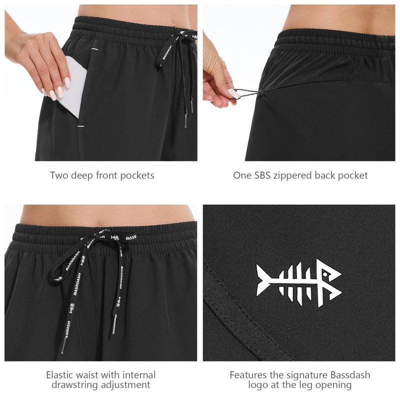 BASSDASH Women’s 5” Fishing Shorts UPF 50+ Water Resistant Quick Dry Athletic Hiking Shorts with Pockets FP05W Black