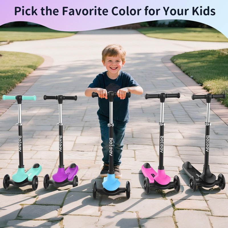 BELEEV A6 Kids Scooter with LED Light-Up Wheels & Deck, 3 Wheel Kick Scooter for Toddlers Girls Boys Ages 3-8, 4 Adjustable Handlebar, Lean to Steer, Non-Slip Deck, Lightweigh Scooter for Kids (Blue)