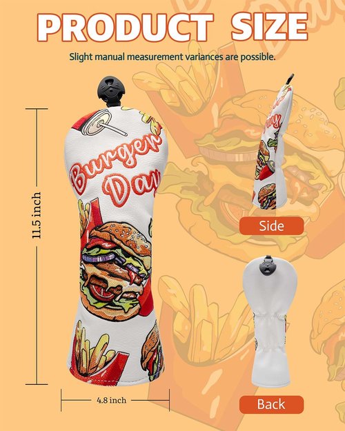 Golf Club Head Covers, Fairway Wood Head Covers, Classic Burger Fries Design, Premium PU Leather and Advanced Embroidery with Velour Lined Funny Golf Head Covers for Most Brands