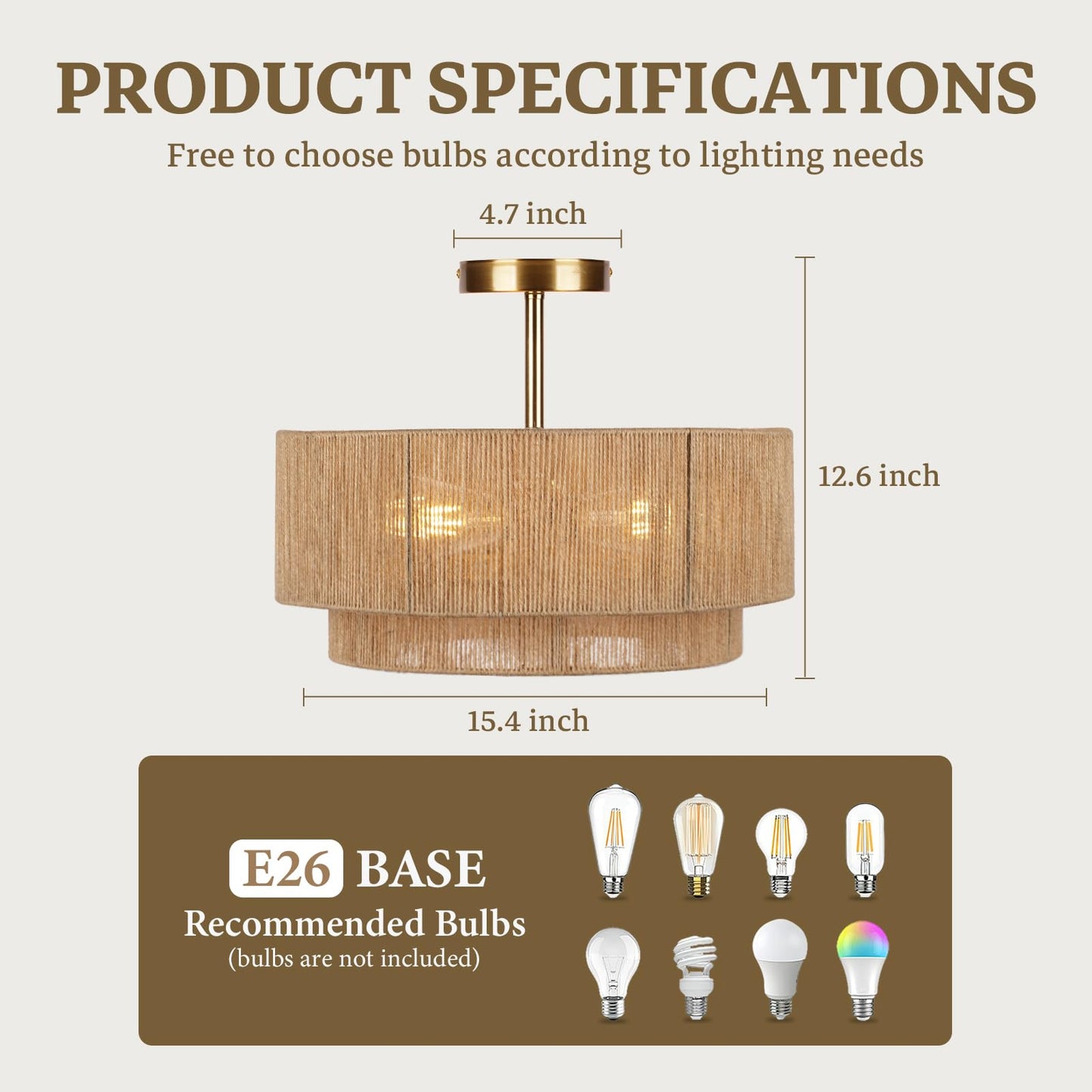 16'' Semi Flush Mount Ceiling Light,Boho Light Fixtures,3-Light Coastal Hemp Rope Ceiling Light Flush Mount with 2-Tier Drum Shade,Farmhouse Rattan Ceiling Lights for Bedroom, Kitchen,Living Room