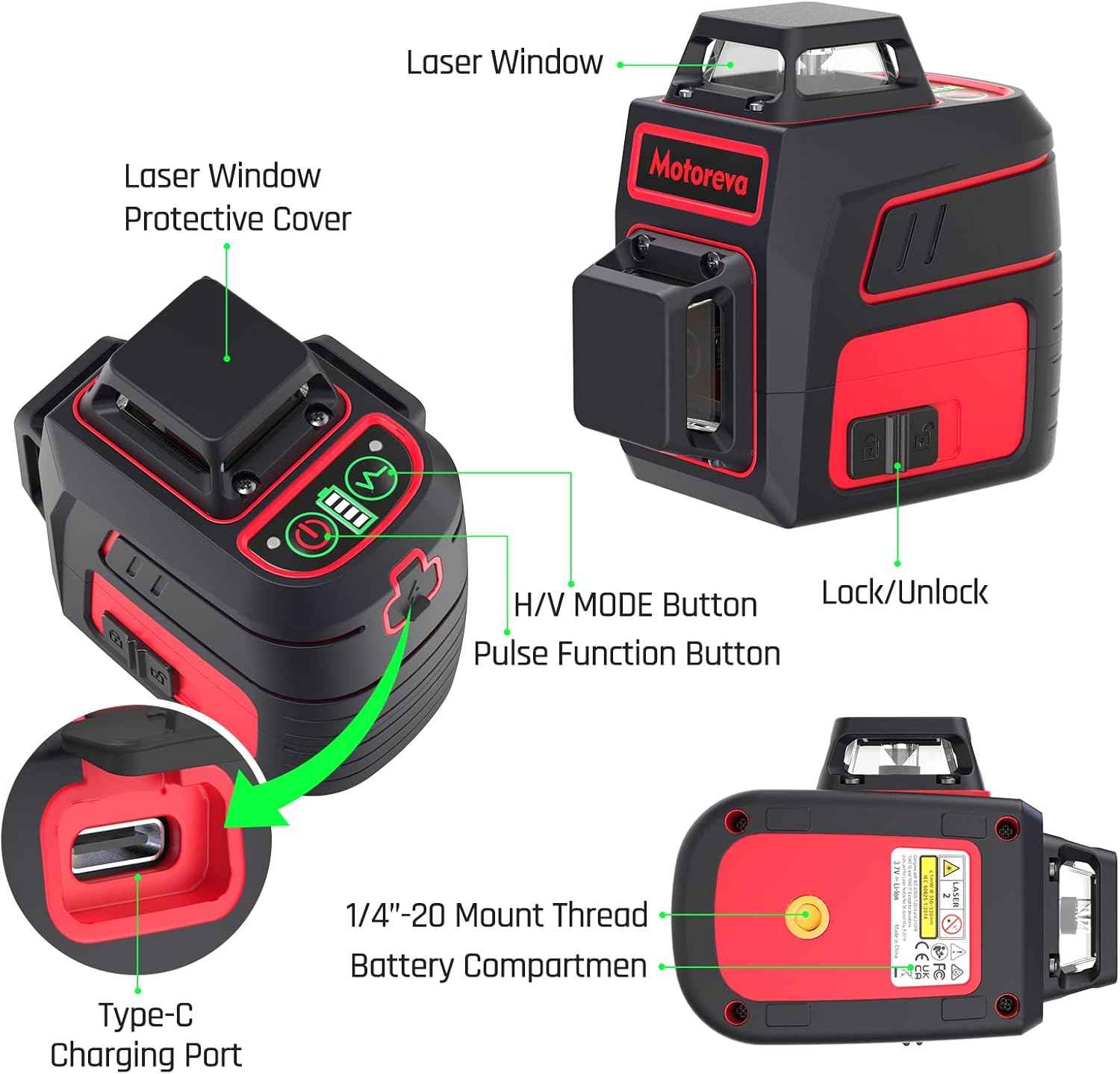 Green Laser Level with Tripod - 100ft Self-Leveling Cross Line, IP54 Waterproof, 4 Brightness Modes & Carrying Bag