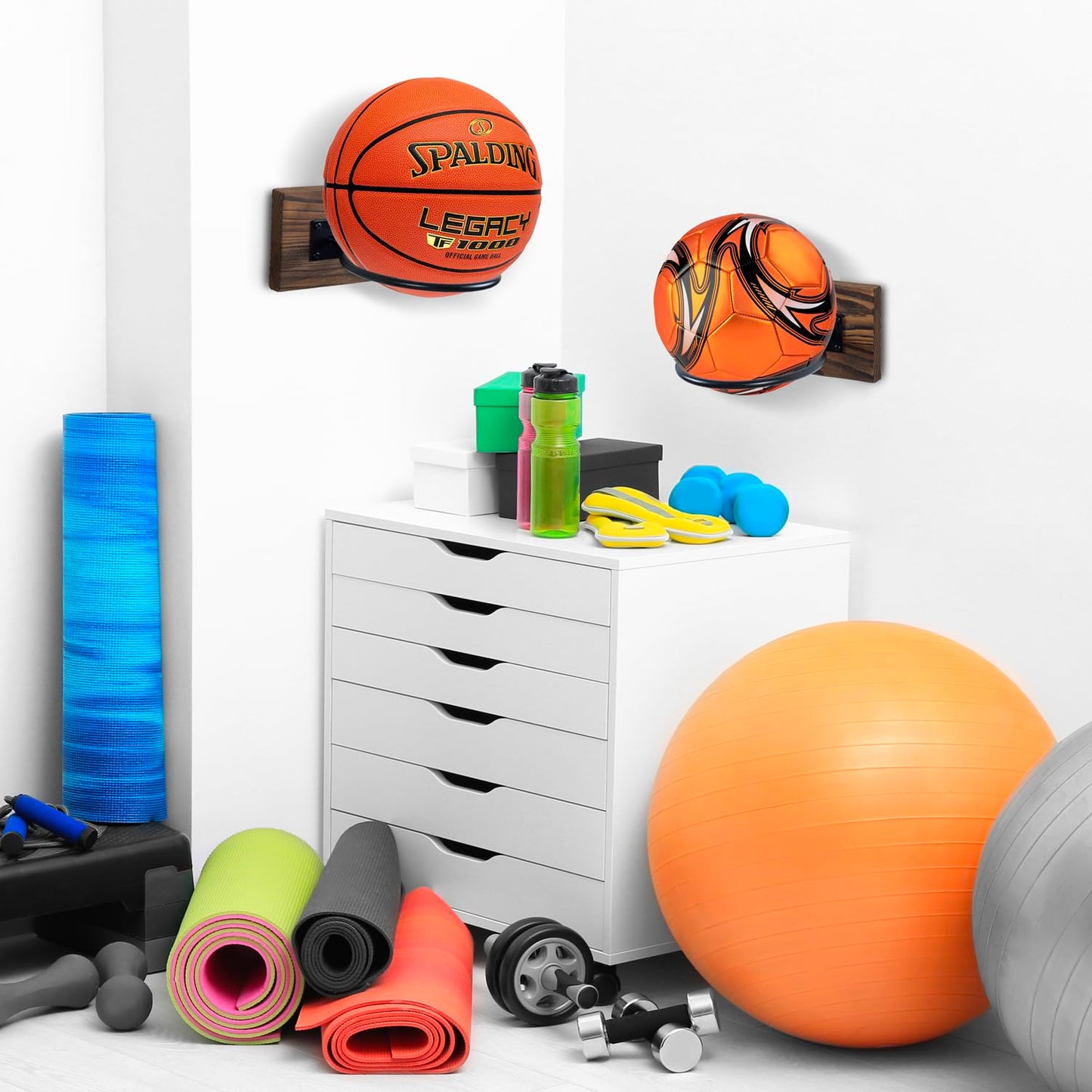 MyGift Wall-Mounted Sport Ball Rack Display Holder - Solid Brown Wood and Metal Hanging Gym Basketball Football Volleyball Soccer Ball Equipment Storage, Set of 2