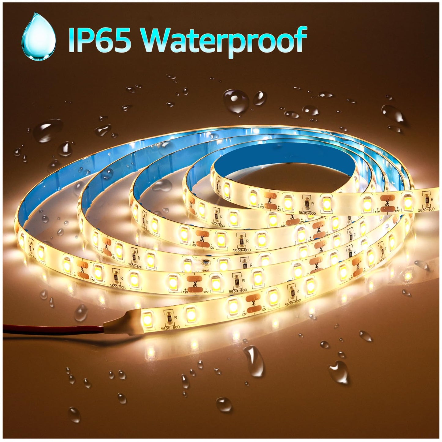 12V Warm White Led Strip Light 6.56Ft Dimmable Light Strip, SMD 5630 IP65 Waterproof 3500K Flexible Tape Lights 120 LEDs Rope Light for Bedroom, Desk, Kitchen, Indoor, Outdoor Decoration