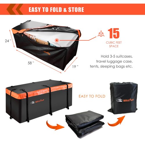 MeeFar Hitch Mount Cargo Carrier Bag Soft Shell 100% Waterproof 15 Cubic Feet (58" 24" 19") Include 8 Reinforced Straps for Truck Pickup All Vehicle with Steel Cargo Basket