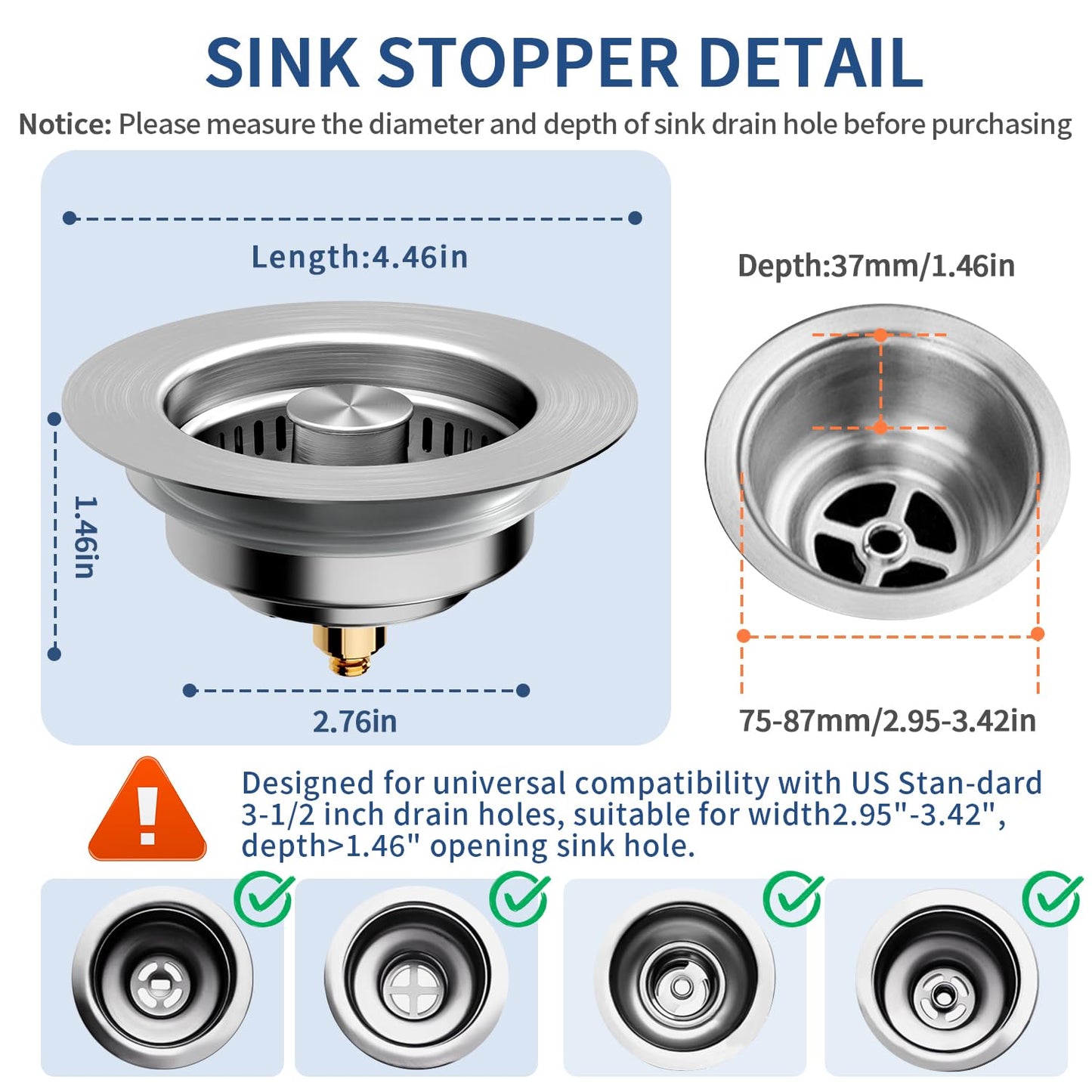 3-in-1 Kitchen Sink Drain Strainer - Pop Up Sink Stopper, Stainless Steel Sink Drain Strainer, Kitchen Sink Stopper & Drain Plug with Anti-Clogging Basket,Sink Strainer Fits US Standard 3-1/2'' Drains