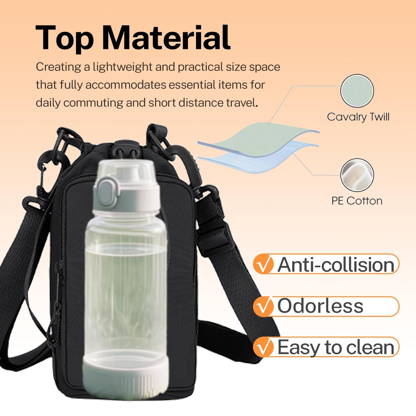 Water Bottle Holder with Phone Pocket for 40/32 oz,Water Bottle Holder with Adjustable Shoulder Strap and Charm,Water Bottle Sleeve for Walking Hiking Camping Gym. (Black)