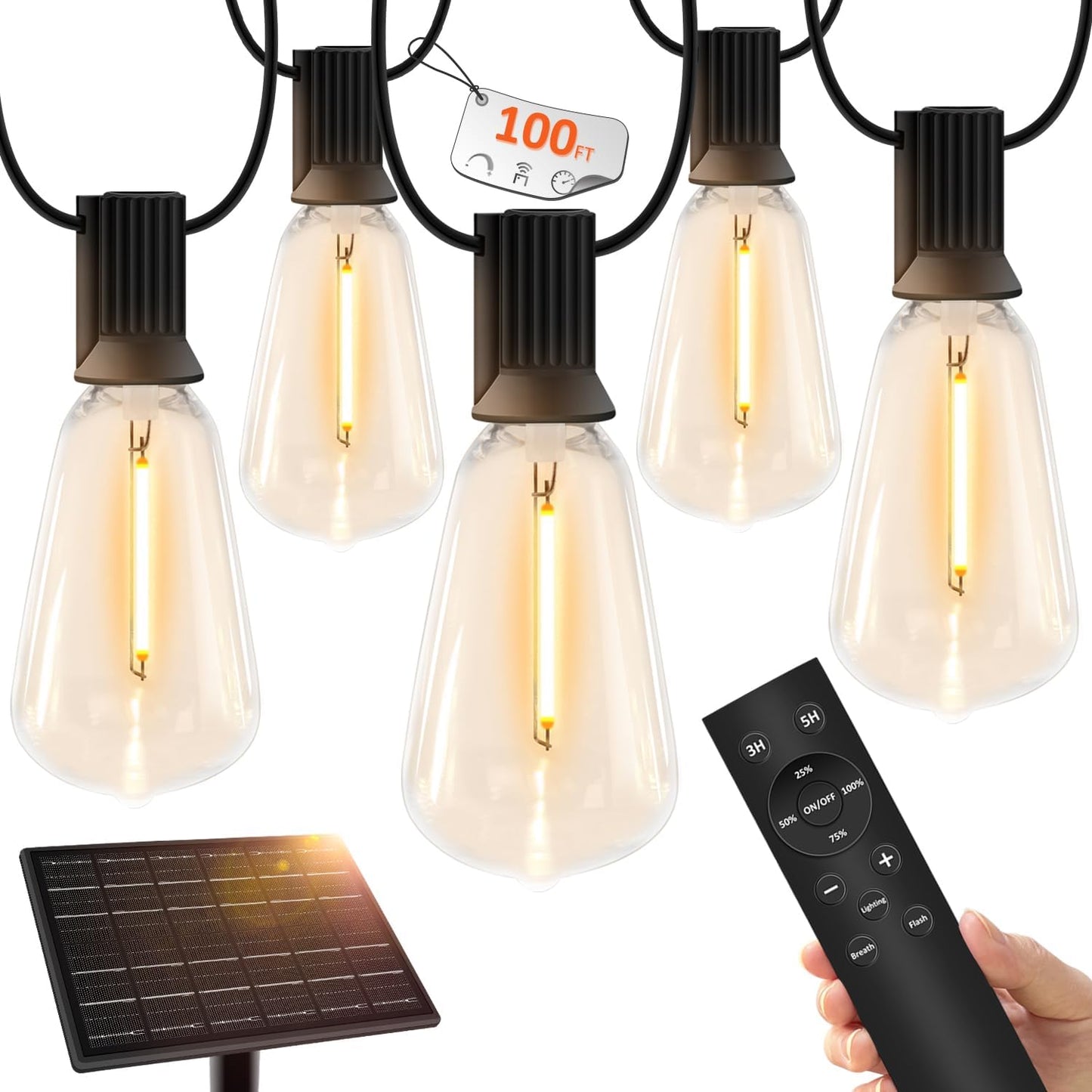 100 FT Waterproof Outdoor String Lights with Dimmable ST38 LED Bulbs - Shatterproof, 3 Light Modes for Patio & Backyard