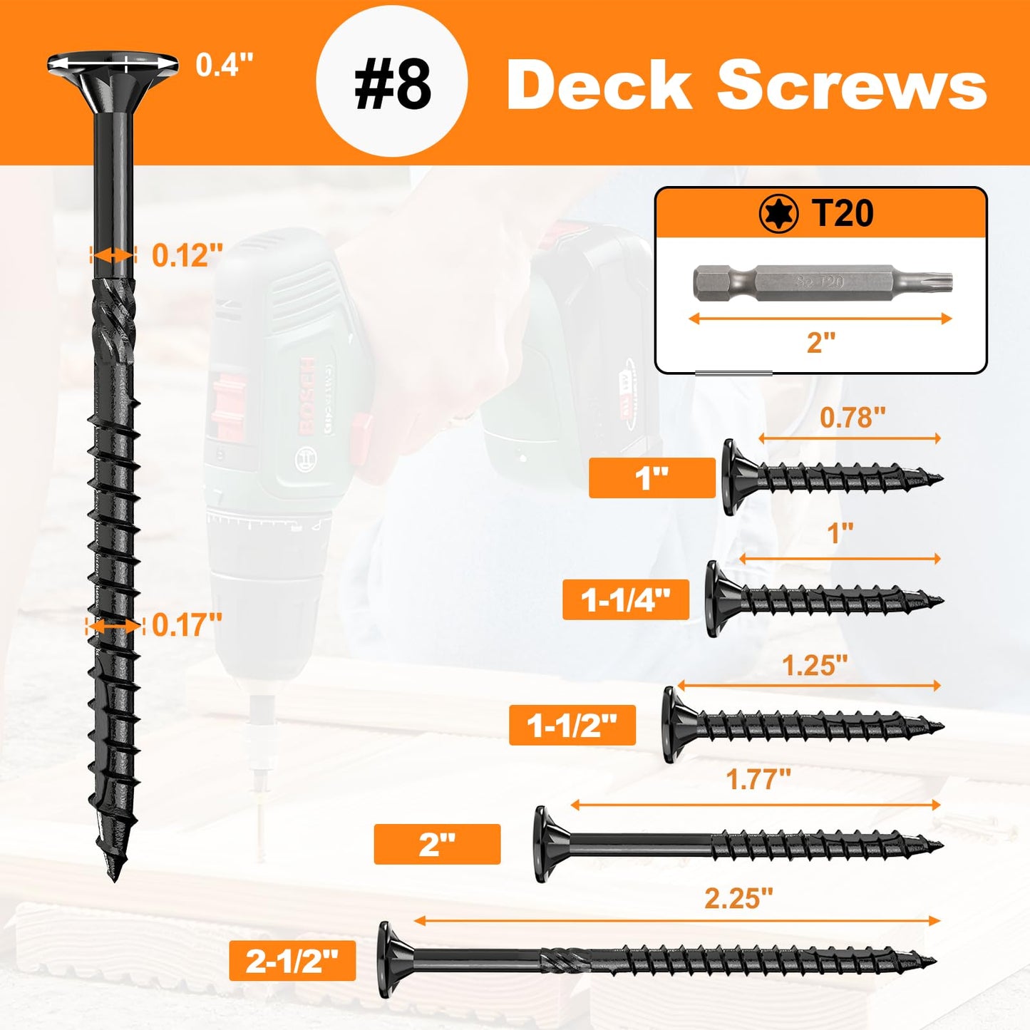 #8 x1” Deck Screws, 100Pcs Star Drive Wood Screws, Rust Resistant Timber Screws for Timber/Log/Landscaping Wood, T20 Star Bit Included, Black