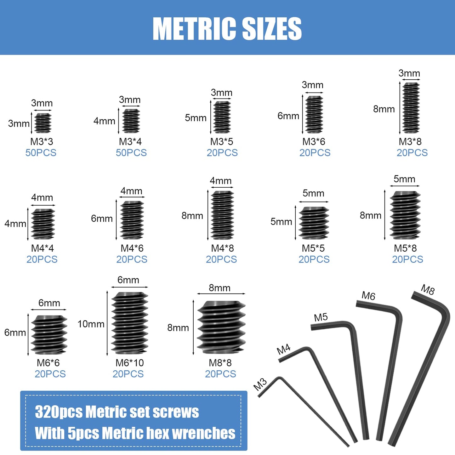560PCS 25 Sizes Metric & SAE Set Screw Assortment Kit,12.9 Class Alloy Steel Internal Hex Drive Cup-Point Set Screws Assortment Kit with 10 Hex Wrenches, M3 to M8 and 1/8-40 to 5/16-18