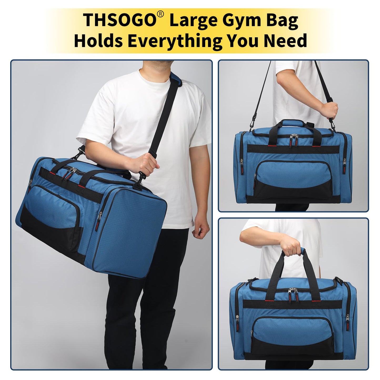 THSOGO 22 inch Gym Bag for Men - 55L Large Travel Duffle Bag Sports Equipment Bag with Multiple Zippered Pockets,Outdoor Workout Duffle Bag for Overnight Weekend - Blue