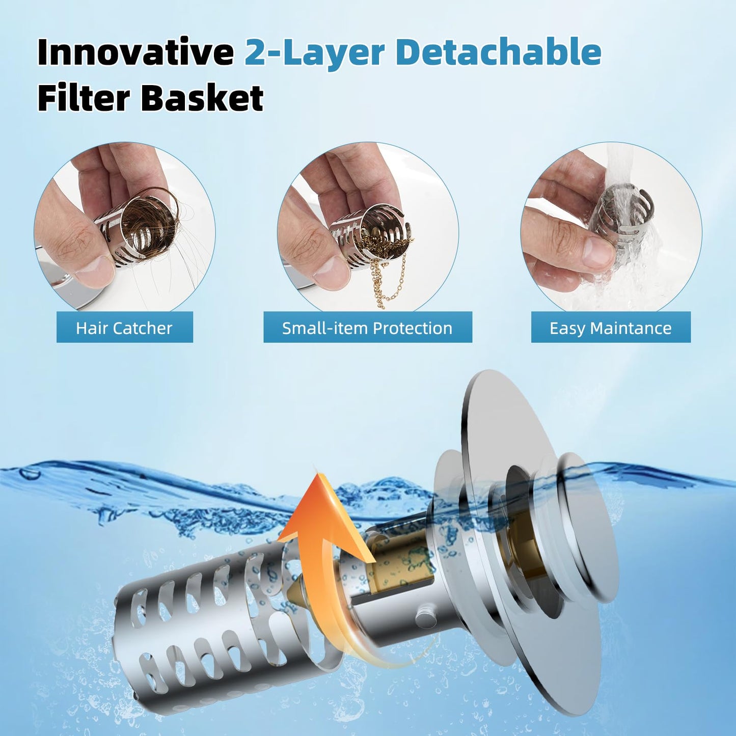 Universal Metal Bathroom Sink Drain Strainer Hair Catcher Upgraded 3 in 1 Pop-up Sink Stopper, with Detachable Stainless Steel Filter Basket, Fit for Standard 1.1''~2.36'' Basin Hole, Chrome