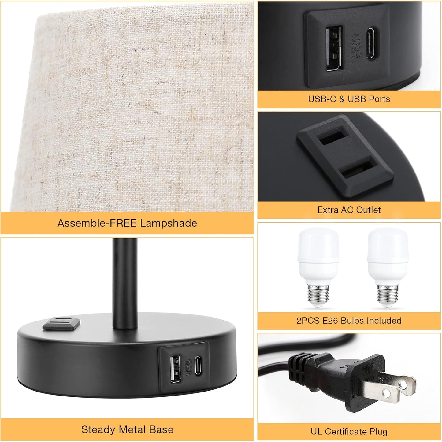 Set of 2 Mini Bedside Lamps with USB-C & AC Outlet - Dimmable Touch Nightstand Lights for Bedrooms