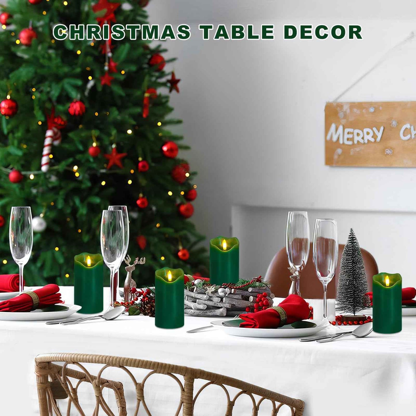 VEEKI Flameless Candles Light, Set of 2 6"x3" Flickering Christmas Flameless Candles with Remote & Timer, Dimmable Real Wax Pillar Candles Battery Operated, Green Candles for Home Xmas Decor (Green)