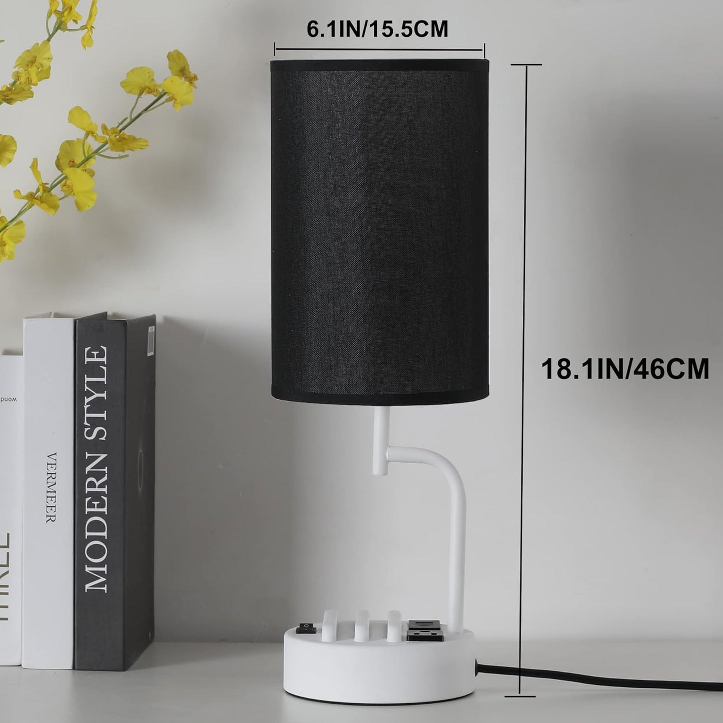 Modern Table Lamp with 3 USB Ports & AC Outlet - Set of 2 Bedside Desk Lamps in Silver