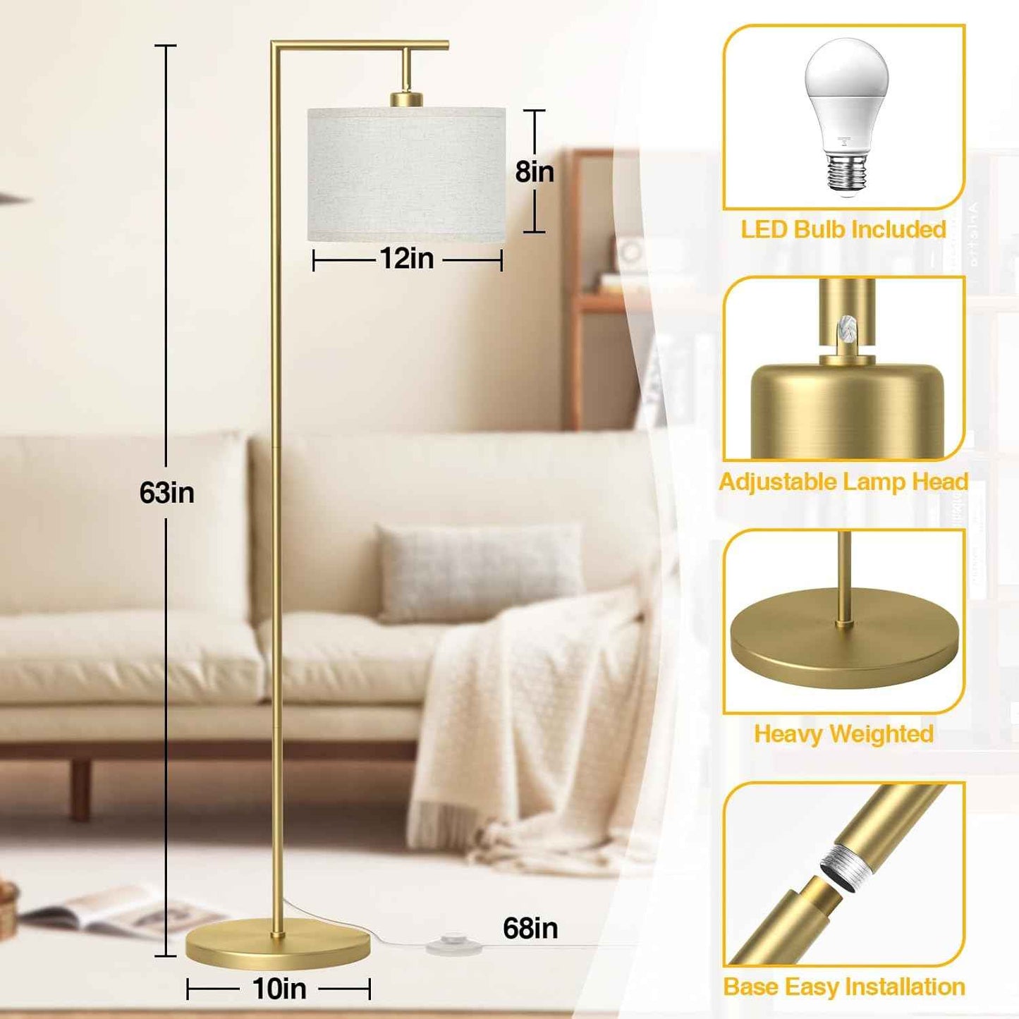 Adjustable Black Floor Lamp for Living Room - 3 Color Temperatures & Beige Linen Shade