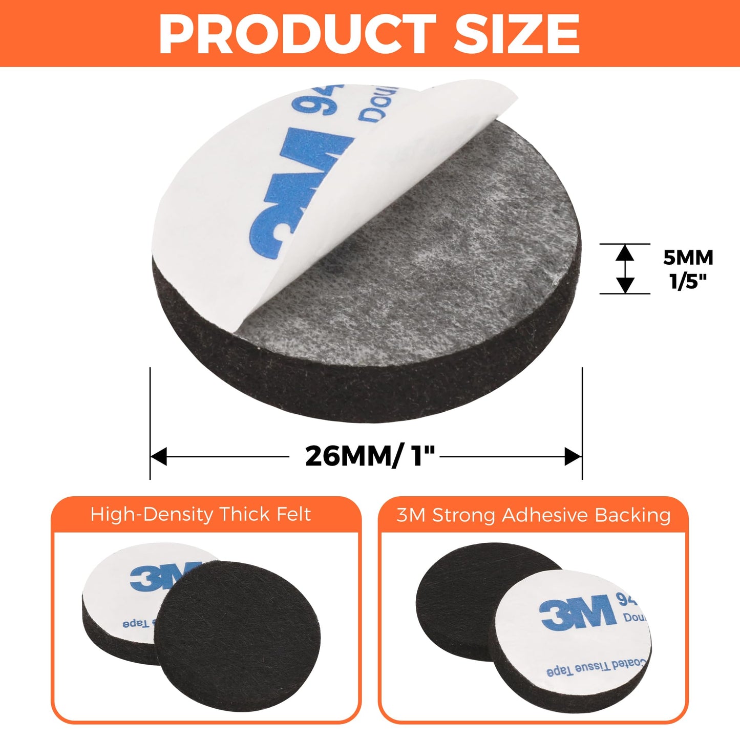 Felt Furniture Pads 120 PCS, Non Slip Self Adhesive Felt Pads Chair Leg Floor Protectors for Furniture Feet Wood Hardwood Floors, 1 inch Round, Black