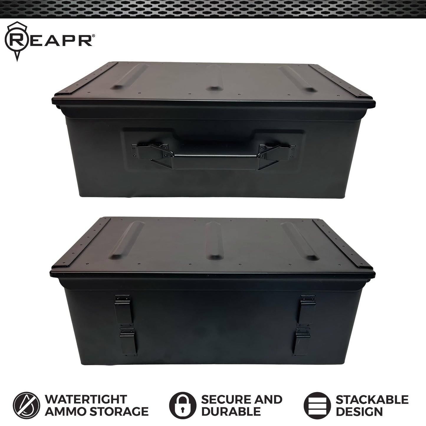 Reapr Steel Ammo Can, Heavy Duty Locking Metal Ammo Storage Box, Airtight and Watertight 30 Cal or 50 Cal Case for Rifle, Shotgun, Pistol, Military Footlocker Style Tool and Gear Organizer