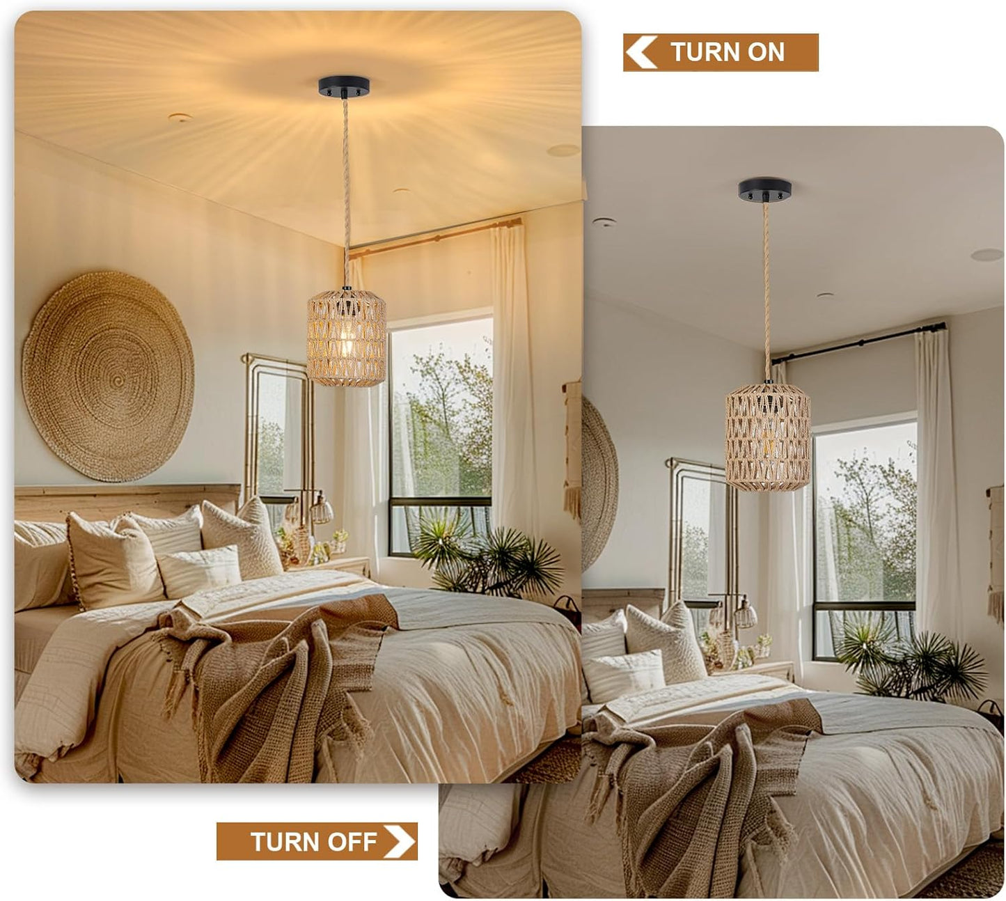 Boho Rattan Pendant Light with 3 Bulbs & 22ft Cord - Woven Hanging Chandelier for Bedroom, Kitchen, Hallway
