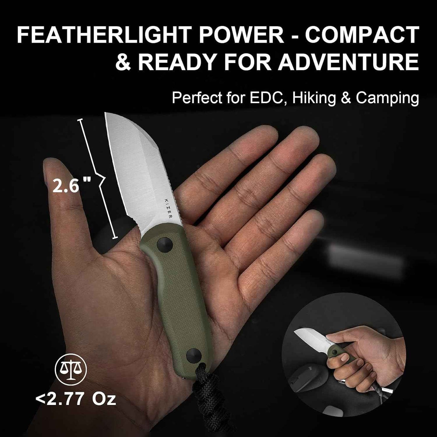 Kizer Drop Bear EDC Fixed Blade Knife - 2.57" 14C28N Blade, Yellow PEI Handle, Compact Survival Knife with Kydex Sheath