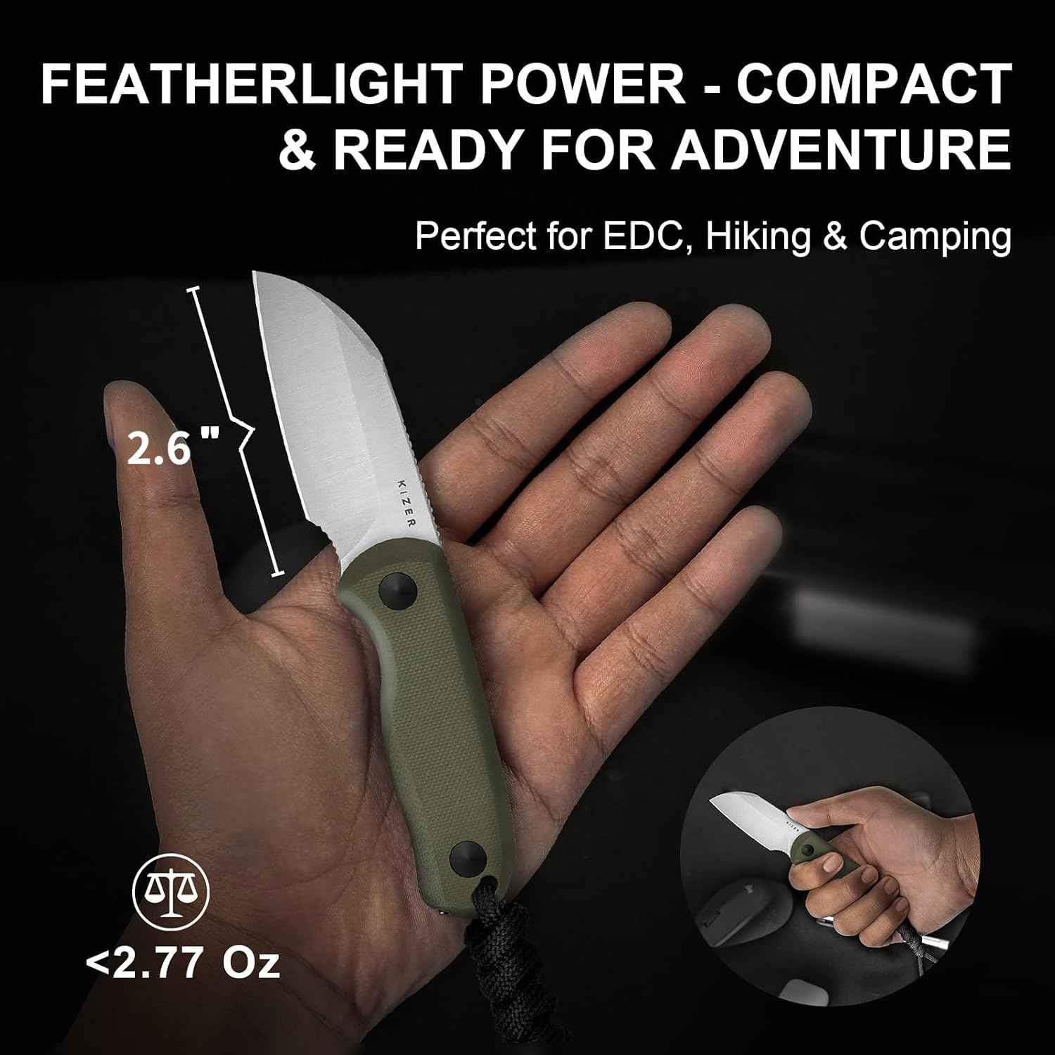 Kizer Drop Bear EDC Fixed Blade Knife - 2.57" 14C28N Blade, Yellow PEI Handle, Compact Survival Knife with Kydex Sheath