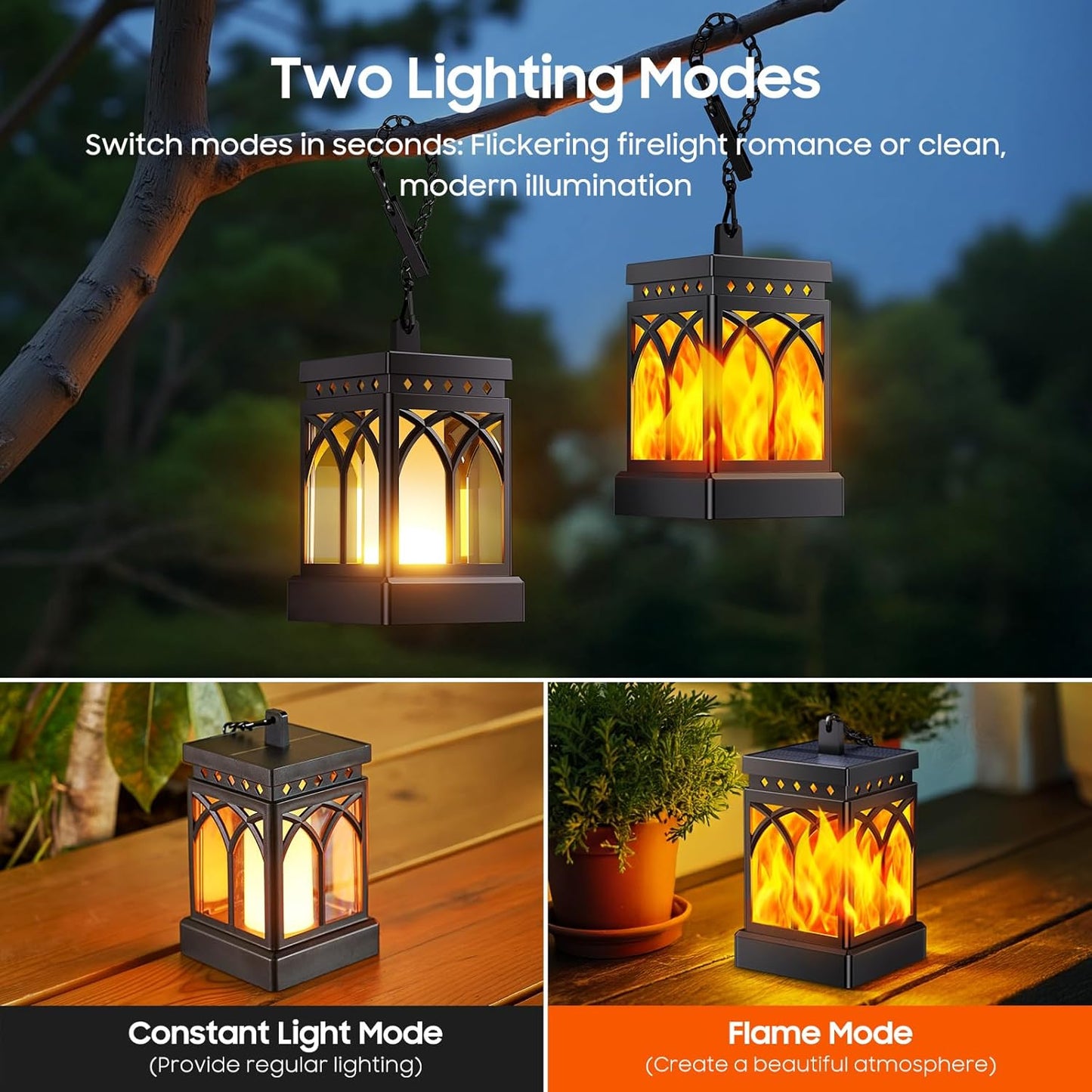 KOOPER Solar Lanterns 4 Pack - Waterproof Hanging Lights with Flickering Flame & Constant Modes for Garden, Patio, and Yard Decor