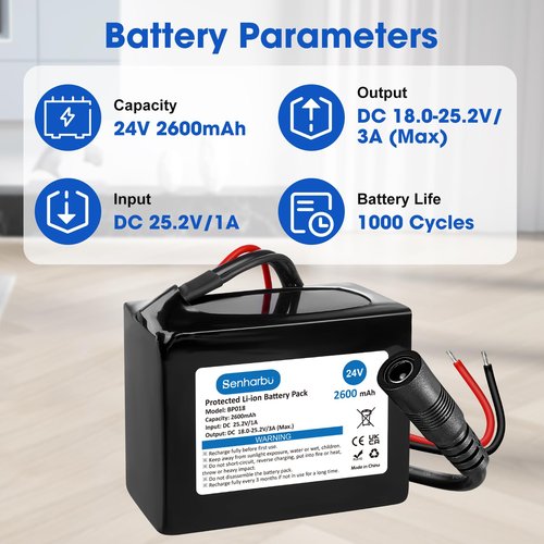 Senharbu 24V 2.6Ah Lithium Ion Battery 24 Volt Rechargeable Battery Replacement with Charger, Charging Cable, Cable Connector